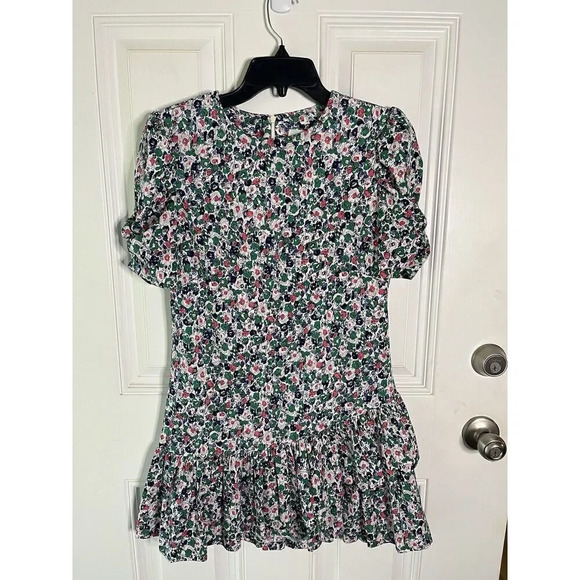 Storets Floral Puff Pleated Sleeve Tulip Hem Mini Ruffle Dress Size S/M Women’s - Picture 2 of 7